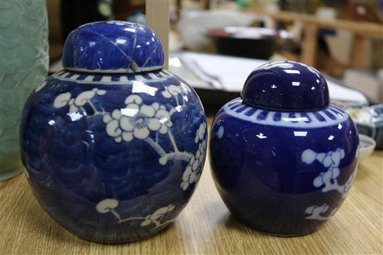 A Chinese blue and white dragon vase, a figure, two jars, teabowl and a famille verte vase